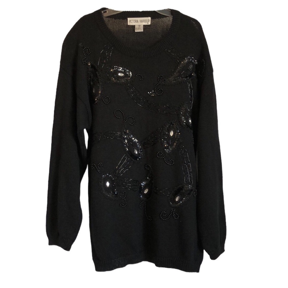 VTG Victoria Harbour Sweater Sz L Black Ramie Bejeweled Beads Crew Neck Goth